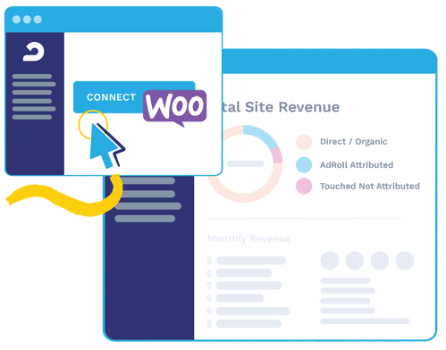 Two simplified UI illustrations showing a user clicking a button titled 'Connect to WooCommerce' in the first illustration, and revenue attributed to different sources being charted out in the second.